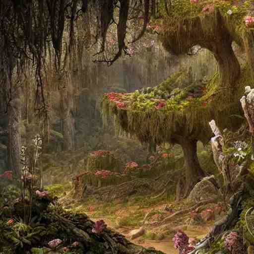 a beautiful and highly detailed matte painting of a dead fantasy floral garden in a empty forest in the dry valley high in the most epic mountains ever, intricate details, epic scale, insanely complex, 8 k, sharp focus, hyperrealism, very realistic, by caspar friedrich, greg rutowski, james gurney 