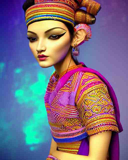 a beautiful cute girl wearing modern stylish costume in the style of Assamese bihu mekhela sador gamosa design, commercial fashion design art by Victor Nizovtsev and Josephine Wall, face by artgerm and daz3d genesis iray, cinematic lighting, medium shot, mid-shot, slim female figure ramp walk model pose, highly detailed, trending on Artstation, Unreal Engine 4k, cinema 4d ray traced 8k fabric texture details, octane render, diffused natural skin glow