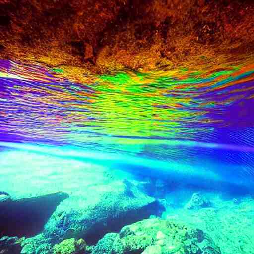 beautiful underwater river, the light refracting through the surface makes rainbow colors everywhere 