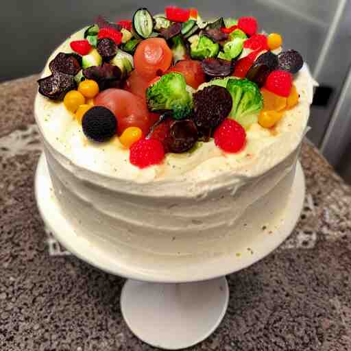 photo of a cake with vegetables toppings 