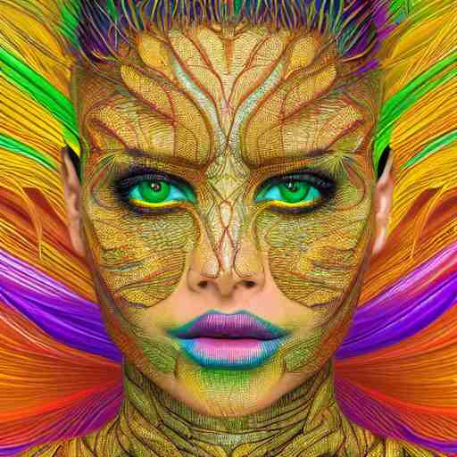 a majestic portrait of a woman with a vascular structure as the amazon aws logo, digital painting, high detail, 8 k, intricate ornamental details, vibrant iridescent colors, green magenta and gold 