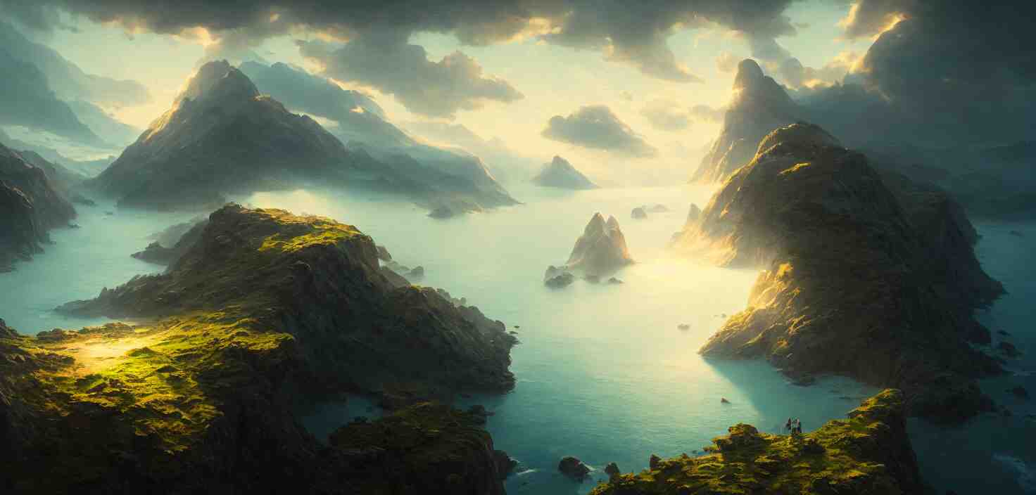 nature landscape, aerial view, drone photography, cinematic, mountains and ocean, cinematic view, epic sky, detailed, concept art, high detail, warm lighting, volumetric, godrays, vivid, beautiful, trending on artstation, by jordan grimmer, art greg rutkowski 