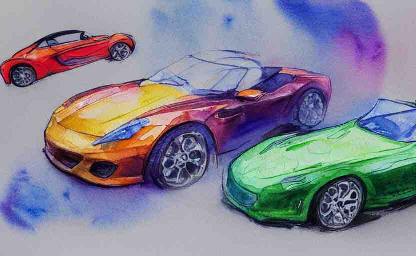 colorful watercolor sketch, sport car 