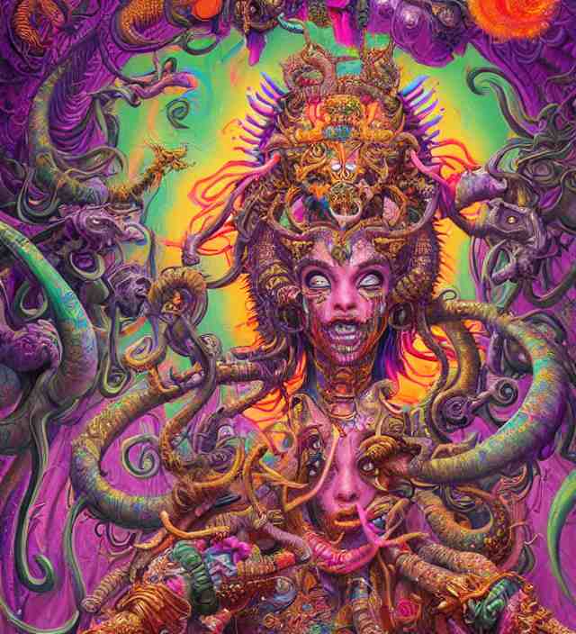 lisa frank blotter acid fantasy character portrait of kali ma, ultra realistic, wide angle, intricate details, dharma artifacts, aum, highly detailed by hr giger, peter mohrbacher, wayne barlowe, boris vallejo, hajime sorayama aaron horkey, gaston bussiere, craig mullins 