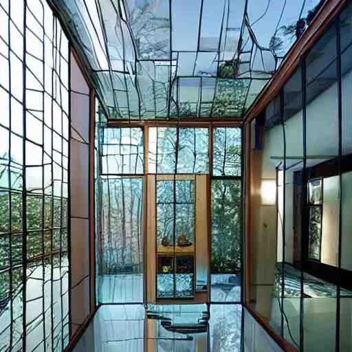 a house made entirely of glass. glass furniture, glass walls, glass ceiling, glass floor, glass decor, glass people 