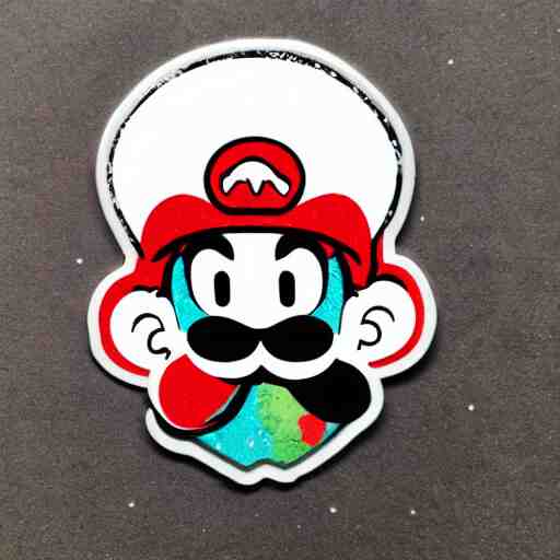 die cut sticker, yoshi wearing mario's mustache, splatter paint 