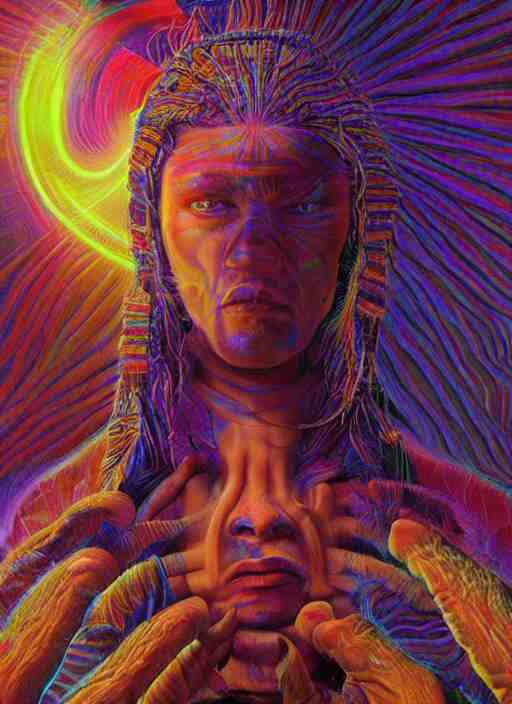 portrait ultra dimensional indigenous native, accidentally tripping on dmt and acid, psychedelic experience, overwhelming psychosis of self realization and burning awakening, ultra high definition, unreal engine 5, hyperrealism, masterpiece composition, by casey weldon, barclay shaw 