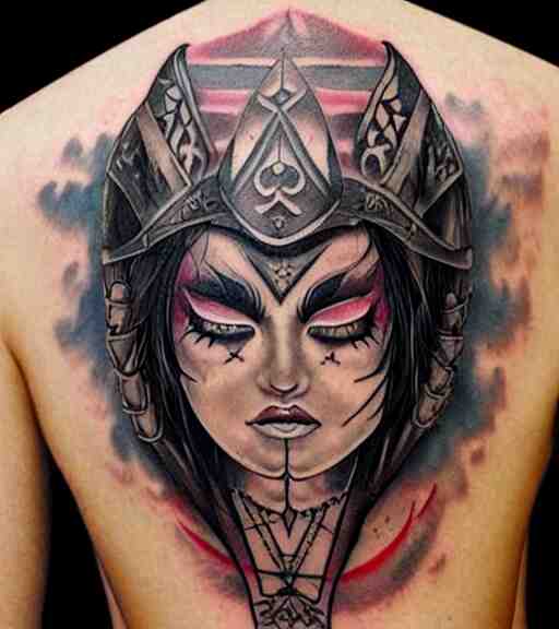 tattoo design on white background of a beautiful girl warrior, hyper realistic, amazing detail, inspired by eliot kohek 