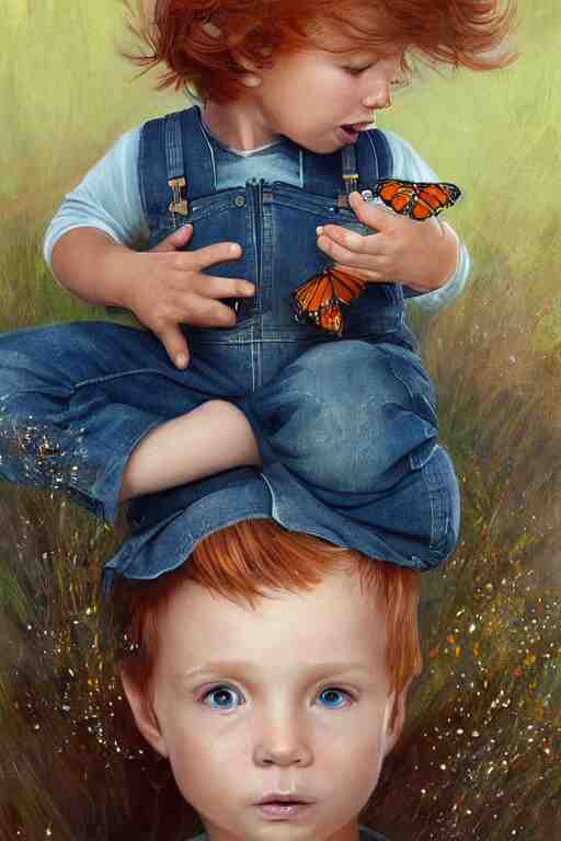 a three year old boy with ginger hair wearing denim overalls chasing butterflies. clean elegant painting, beautiful detailed face, lots of butterflies. by magali villanueve and artgerm and greg rutkowski 