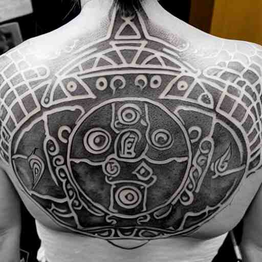 A photograph of a tattoo of a holy ice cream cone, in a circle of glyphs, on the back of a woman's shaved head