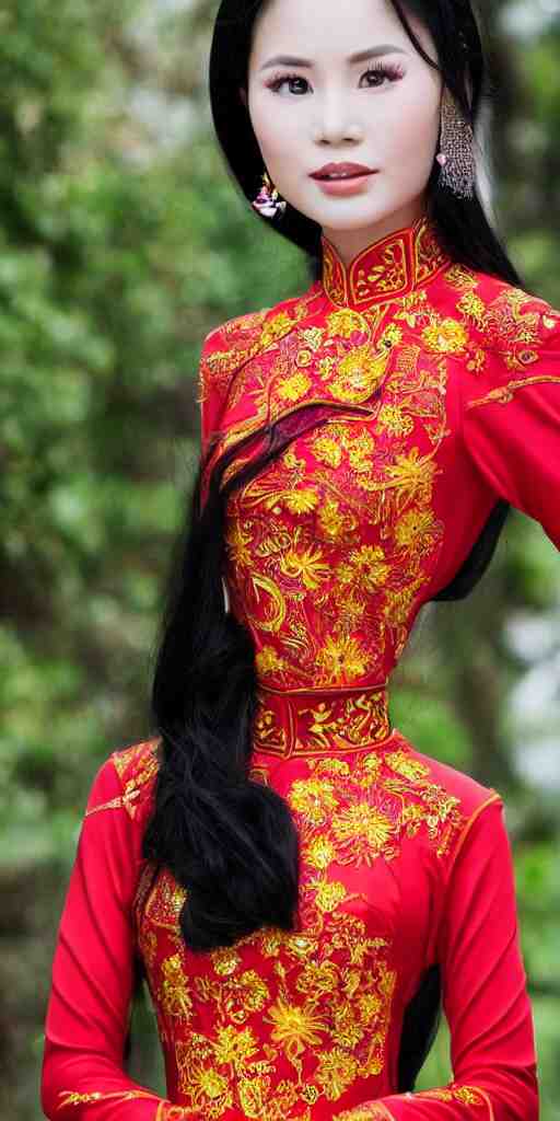 beautiful vietnamese woman wearing vietnamese ao dai, intricate, detailed, symmetric face 