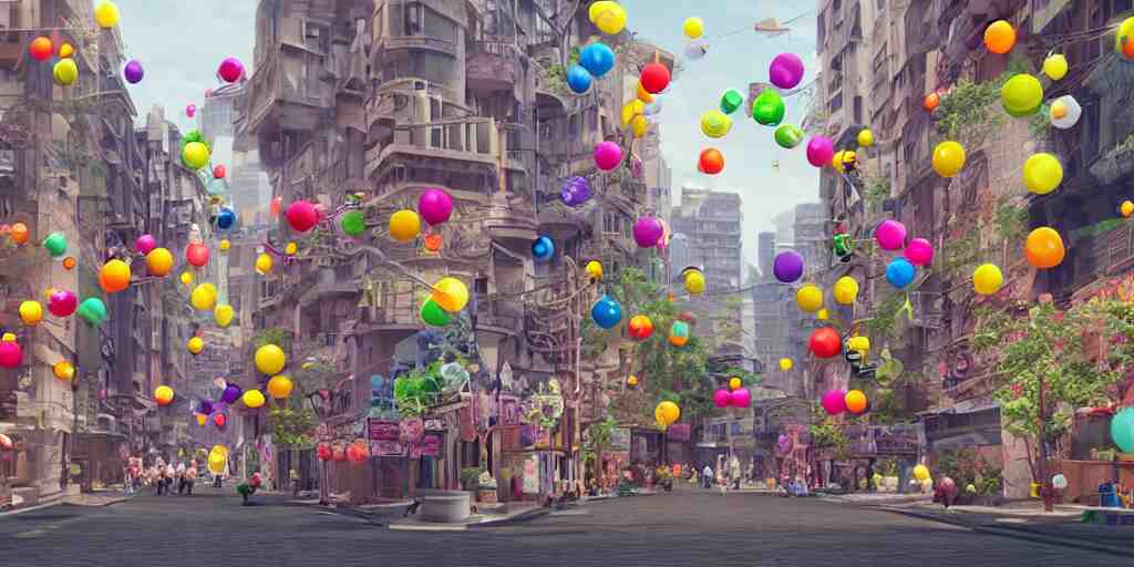 a city street where everything is made from tiny inflatable balloons, hyper real, trending on Art Station, Octane render