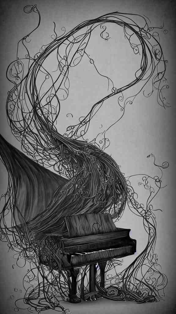 a grand piano with long thick vines wrapped around it, fantasy art, art station, grey background,