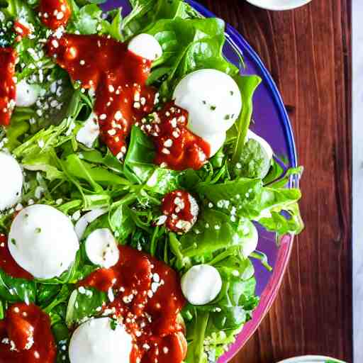 a giant salad that is the size of a building, with mozzarella and a lot of sauce, award winning photography, culinary art photography 