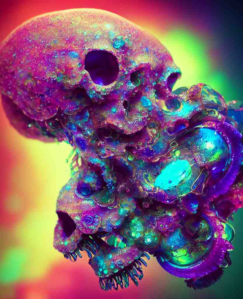 close-up portrait of skull dichroic orchid jellyfish skull, betta fish, bioluminiscent creatures, intricate artwork by Tooth Wu and wlop and beeple. octane render, trending on artstation, greg rutkowski very coherent symmetrical artwork. cinematic, hyper realism, high detail, octane render, 8k