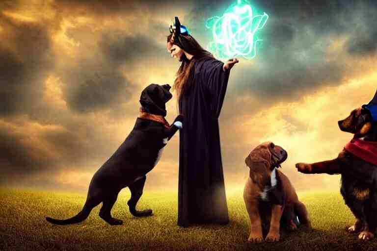 puppy wizard casting a magic spell on an evil witch, majestic pose, dramatic lighting, cinematic scene 