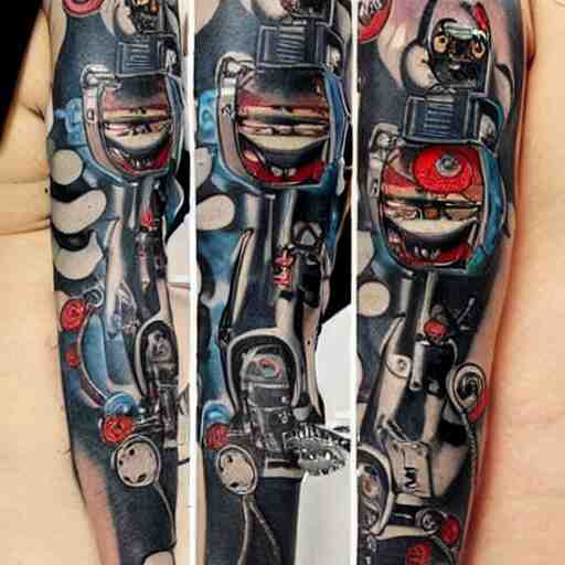 Anime manga robot!! cat tattoo, cyborg cat, exposed wires and gears, fully robotic!! cat, manga!! in the style of Junji Ito, Hayao Miyazaki and Naoko Takeuchi, cute!! chibi!!! cat, tattoo on upper arm, arm tattoo