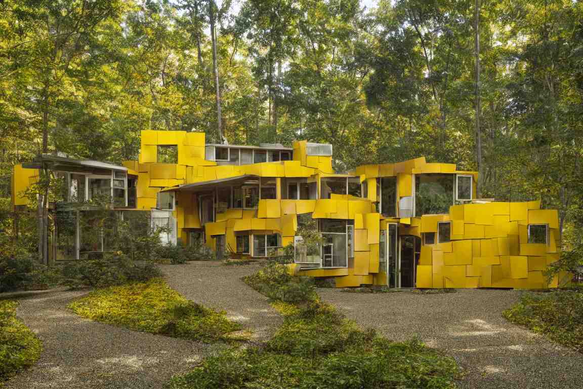 a mid century modern house in a forest, designed by Frank Gehry. Tiles. Small gravel driveway . Film grain, cinematic, yellow hue