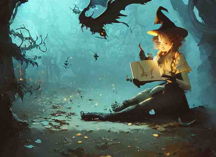 a little witch opening a book of magic art by craig mullins, james gilleard, by joe fenton, by greg rutkowski, by greg tocchini, by kaethe butcher, 4 k resolution, gradient yellow, black, brown and cyan color scheme, grunge aesthetic!!! 