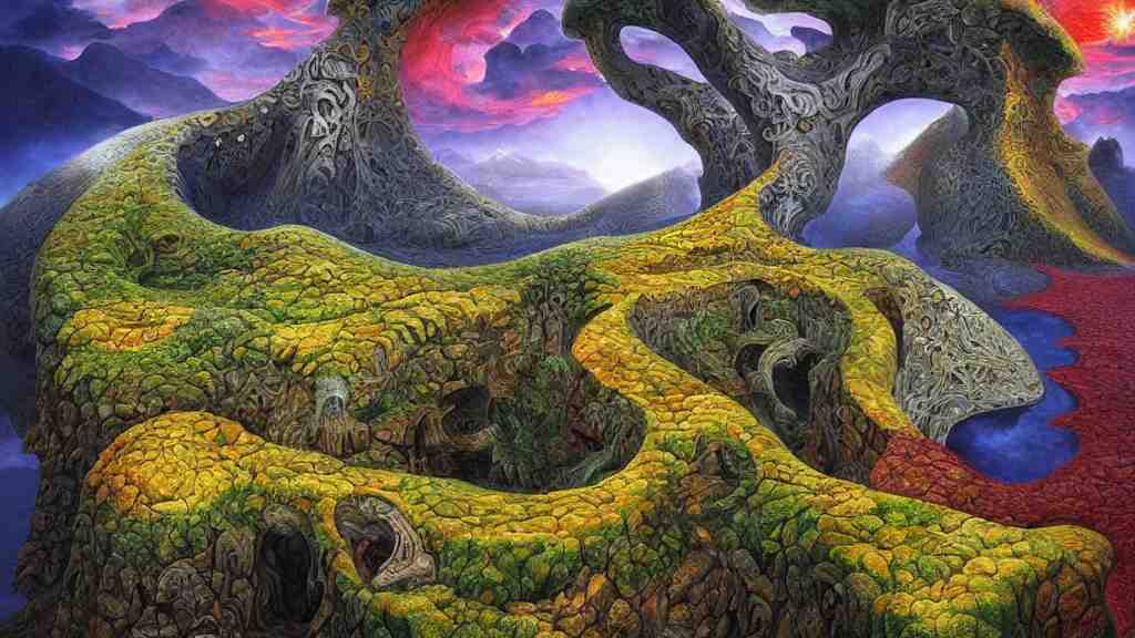 fantasy landscape with fractals in the styles of igor morski, jim warren, and m. c. escher, intricate, colorful, hyperrealistic, volumetric lighting 