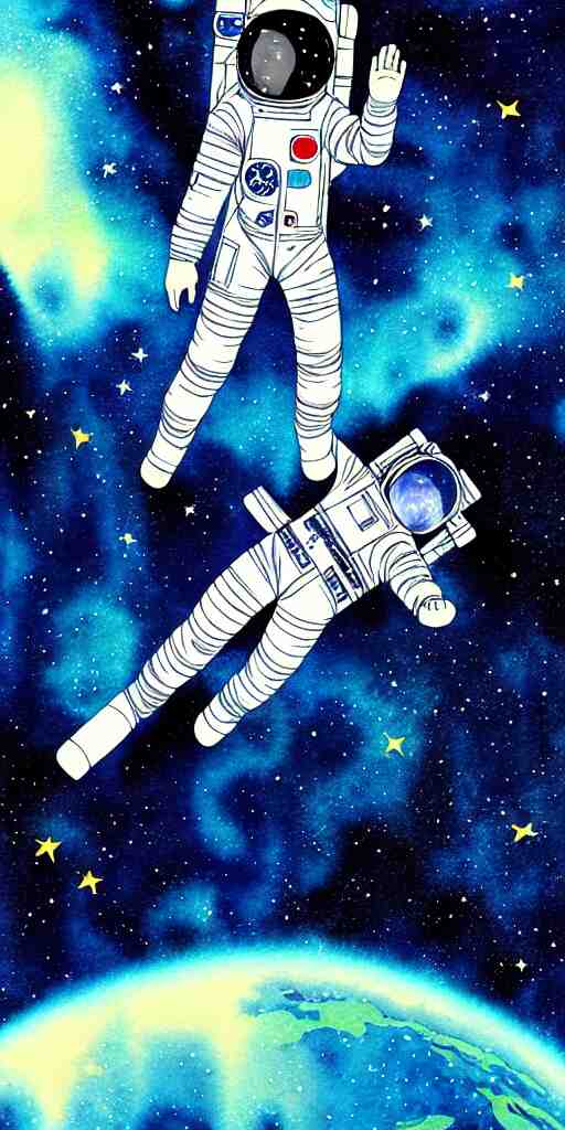 oriental water color of a female astronaut, floating through the void of space, stars are spread out, anime movie, highly detailed 