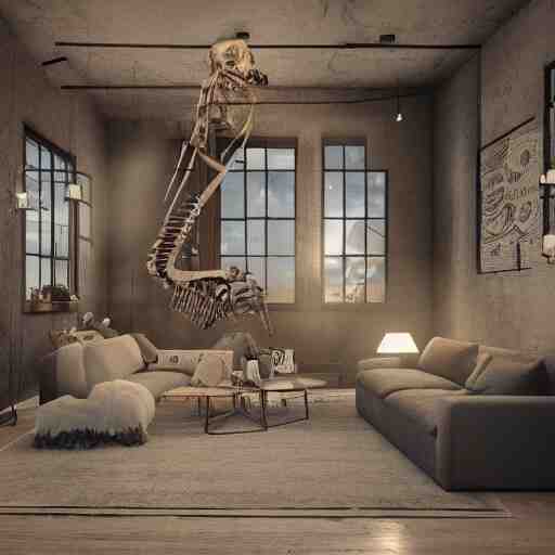 a beautifully decorated loft, interior design, mammoth skeleton in a corner, vray render, 8 k, artstation 