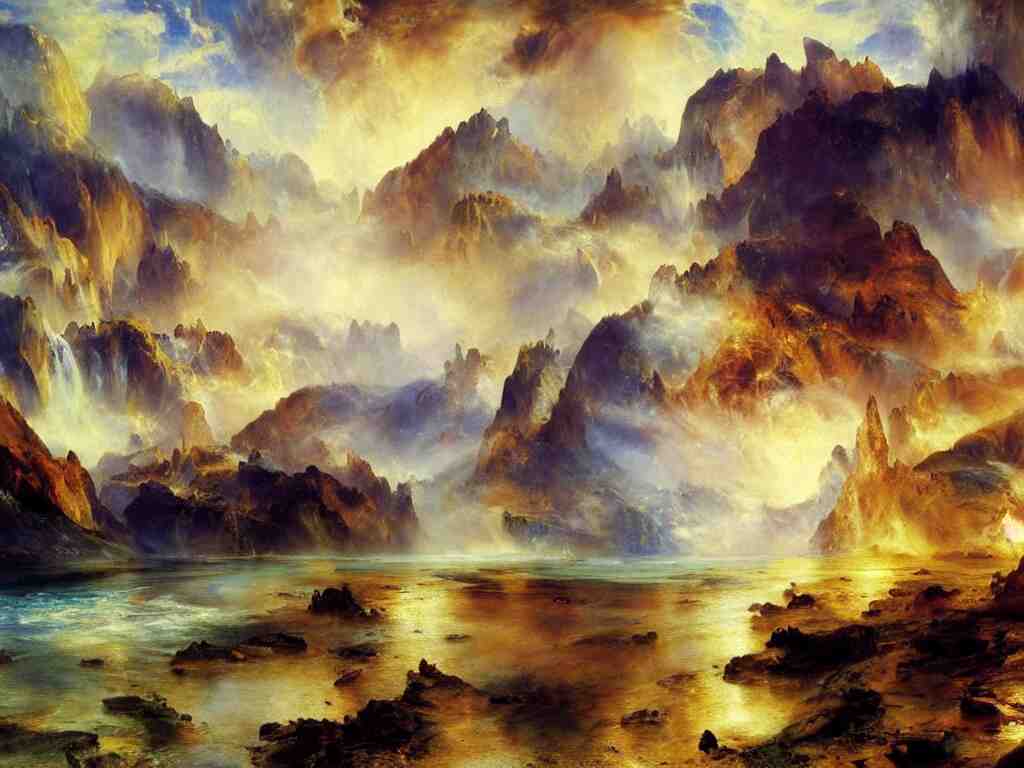 a beautiful landscape painting by thomas moran, trending on arstation 