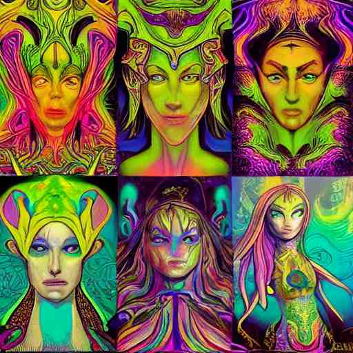 fantasy art, psychedelic, vibrant, detail, DMT elf ,  portrait, detail, Evolution arriving at a DMT elf, Larval Stages of the Soul Before Ascension  1) Mythical, 2) Machiavellian, 3) Religious Traditional, 4) Scientific Secular, 5) Postmodern Multiculturalist, 6) Burner, 7) DMT Elf