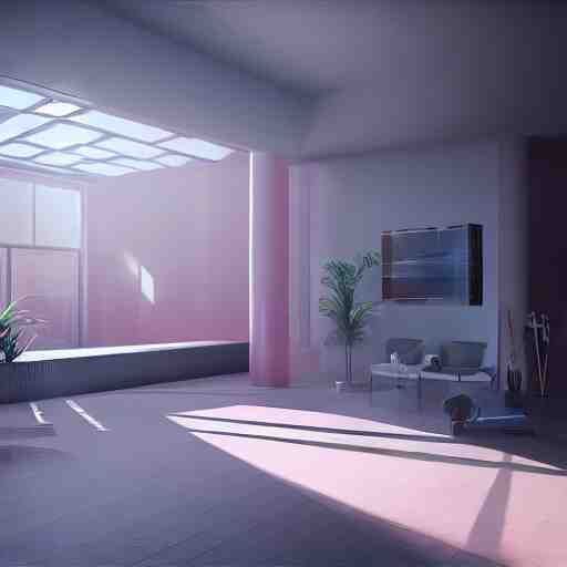 a white empty pink office with sun rays looming down, with a pool inside, dynamic lighting, photorealistic concept art, trending on art station, stunning visuals, creative, cinematic, ultra detailed, ray tracing 