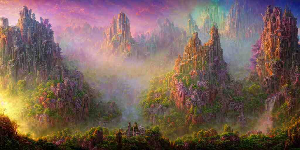 intricate detailed misty valley of ruins fantasy at dawn. Lisa Frank, james gurney,dan luvisi,Petros Afshar,tim hildebrandt,liam wong,Mark Riddick,thomas kinkade,ernst haeckel,dan mumford,trending on artstation,josephine wall, WLOP ,cgsociety by Gediminas Pranckevicius, trending on cgsociety and DeviantArt