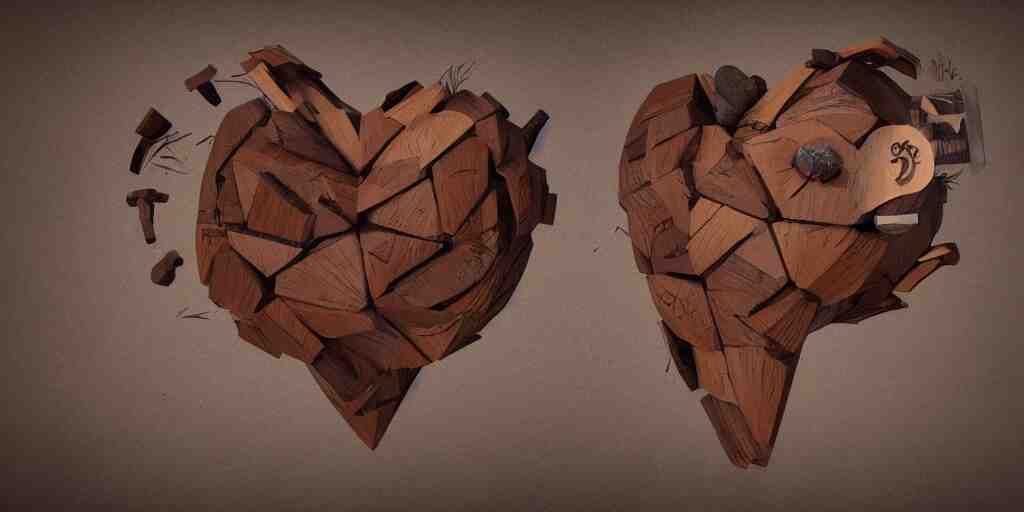 wooden heart design, character sheet, 3d render, Greg Rutkowski, Zabrocki, Karlkka, Jayison Devadas, Phuoc Quan, trending on Artstation, 8K, ultra wide angle, zenith view, pincushion lens effect