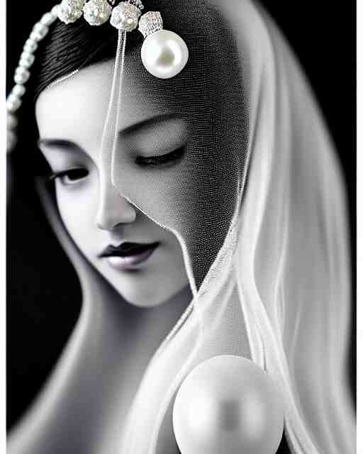 black and white dreamy young beautiful veiled female artificial intelligence, realistic pearl ornament in the face, long hair are intricate with highly detailed realistic pearls, cinematic, rim light, bokeh, photo - realistic, elegant, high detail, 8 k, masterpiece, photo taken in 1 9 3 0 