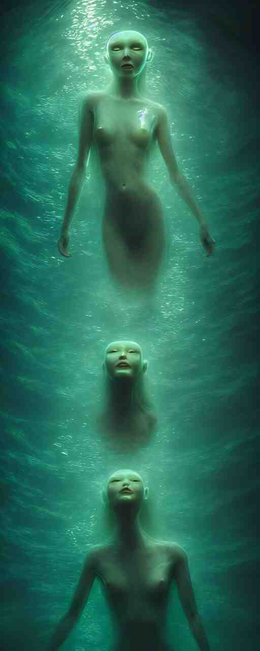 ultra realistic horror photo of a dimly lit translucent female alien creature underwater, very intricate details, focus, full frame image, curvy, model pose, artwork by tooth wu and wlop and beeple and greg rutkowski, award winning 