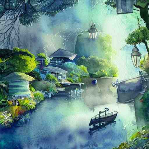 Beautiful happy picturesque charming sci-fi village in harmony with nature. Beautiful light. Water and plants. Nice colour scheme, soft warm colour. Beautiful detailed watercolor by Lurid. (2022)