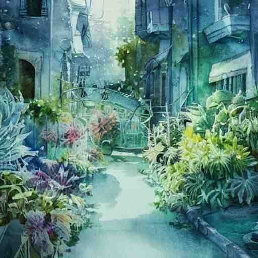 Beautiful happy picturesque charming sci-fi town in harmony with nature. Beautiful light. Water and plants. Nice colour scheme, soft warm colour. Beautiful detailed artistic watercolor by Vincent. (2022)