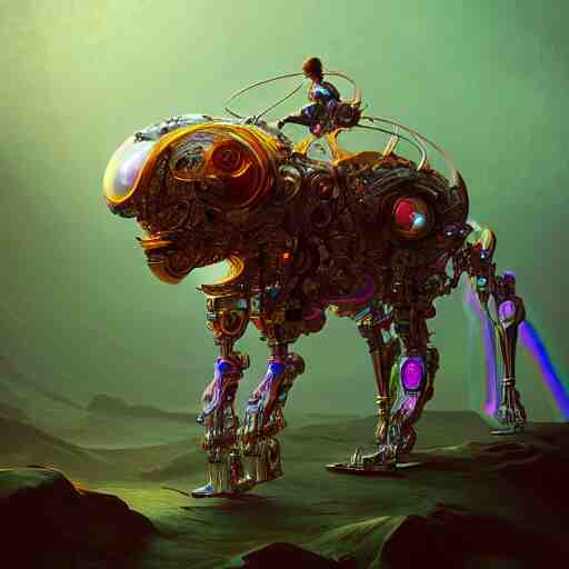 opalescent android cyborg animal in candyland, warm tones : by michal karcz, daniel merriam, victo ngai and guillermo del toro : ornate, dynamic, particulate, intricate, elegant, highly detailed, centered, artstation, smooth, sharp focus, octane render 