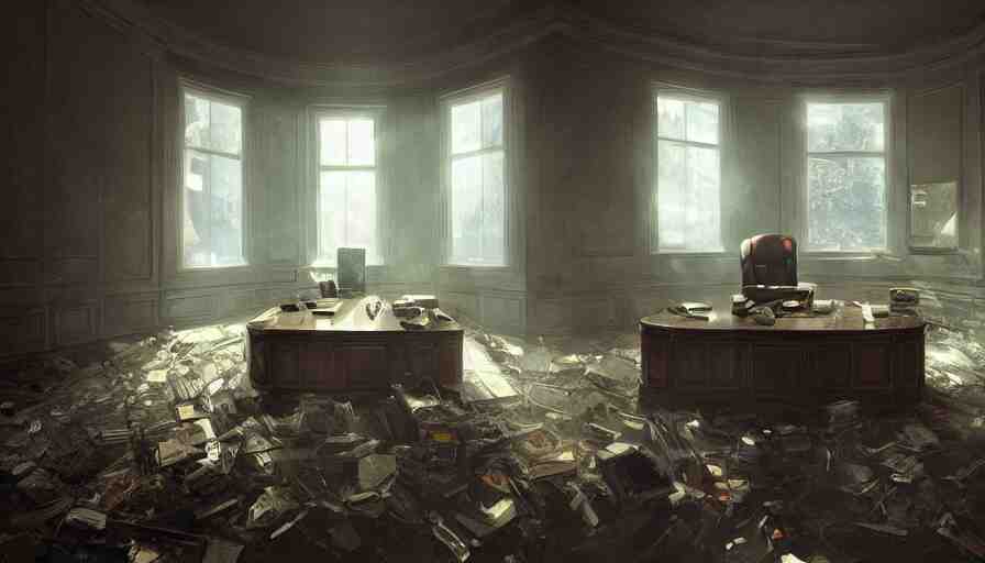 abandoned dusty oval office with lights through broken windows, hyperdetailed, artstation, cgsociety, 8 k 