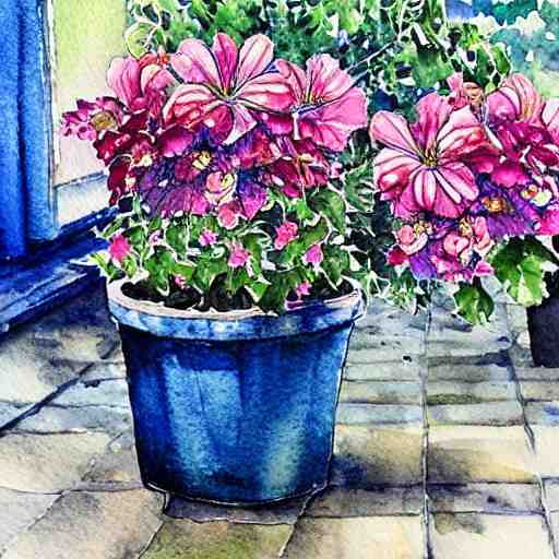 a beautifull intricate watercolor painting of potted planter with flowers inside sitting on wet sidewalk, reflexions, high details by stephanie law art 