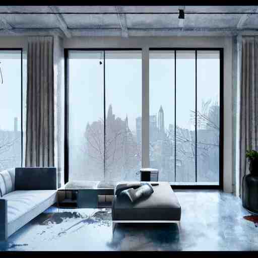 modern loft overlooking central park in a blizzard, sketch over watercolor lines, artstation, pastels, octane, unreal engine, dynamic 