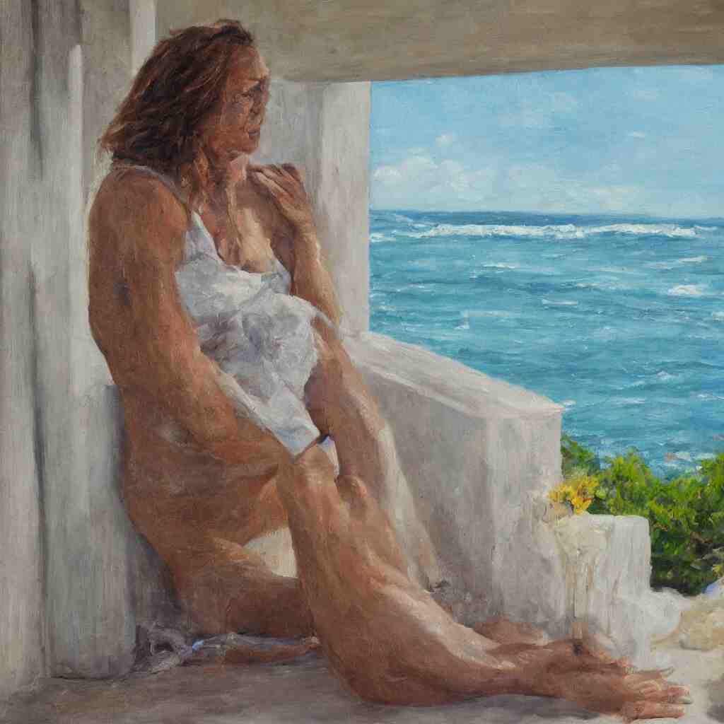 a beautiful woman with freckles sitting on the porch of a one-story house in the caribbean watching the sea, realistic, oil on canvas