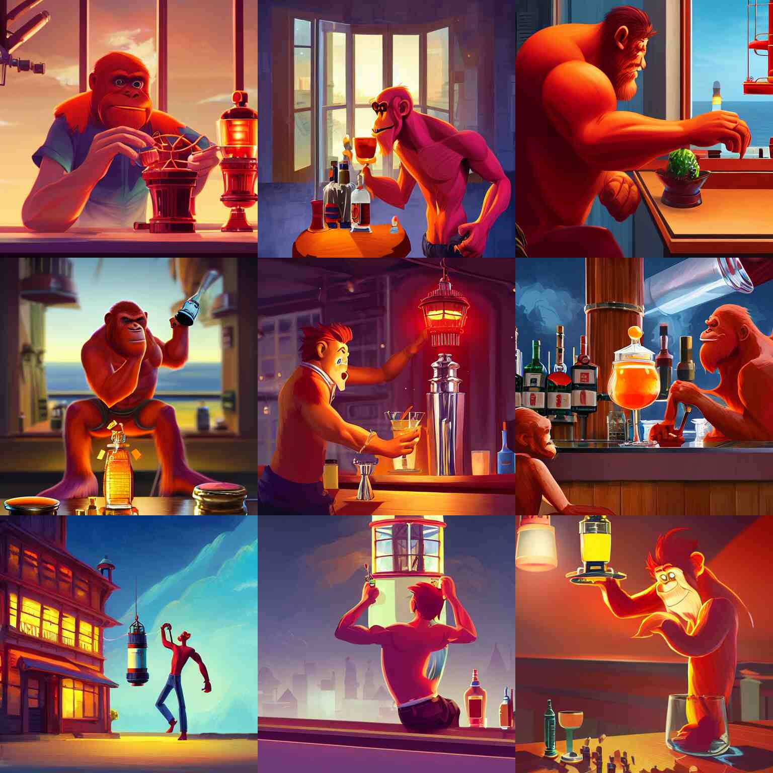 hero world atari, red orangutan as bartender holding and shaking detailed lighthouse miniature as shaker for make cocktails at bar, behance hd by jesper ejsing, by rhads, makoto shinkai and lois van baarle, ilya kuvshinov, rossdraws global illumination 