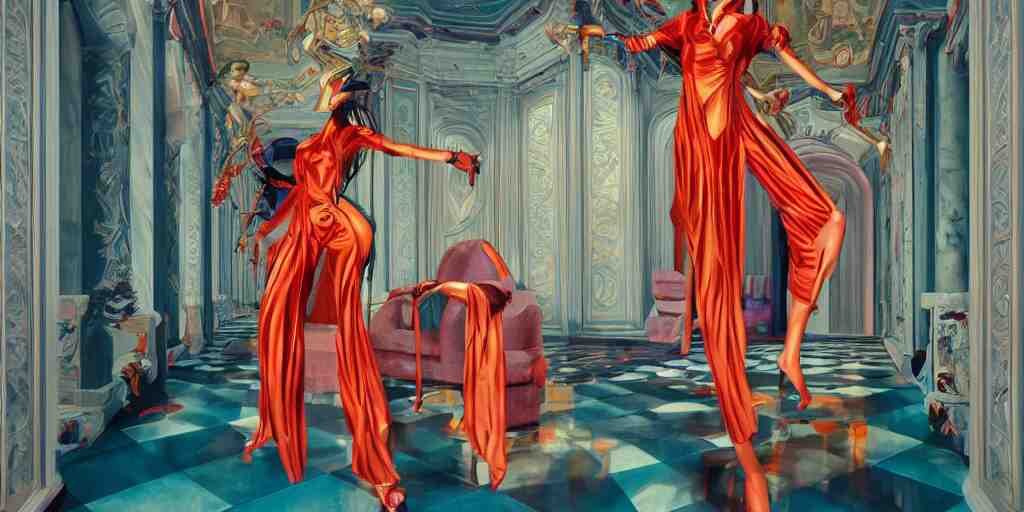 giesha demon, innovative avant - garde art, deco fashion, asian women, photorealistic portrait by michael cheval, vaporwave, crisp quality and light reflections, inside a room with marble columns, transcendent, vibrant color, clean linework, finely detailed, tarot card with ornate border frame, 4 k, trending on artstation, volumetric lighting, octane render 