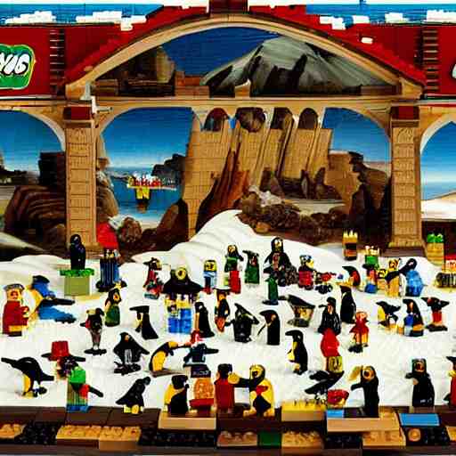 penguins playing with legos, renaissance painting 