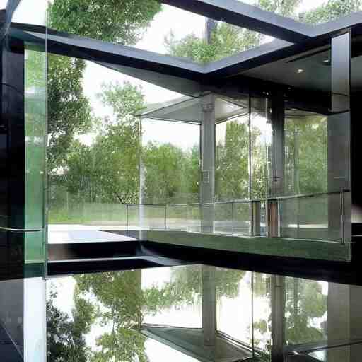 a house made entirely of glass. glass furniture, glass walls, glass ceiling, glass floor, glass decor, glass people 