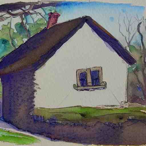 a watercolor and ink painting of a cottage, drawn on white parchment paper 