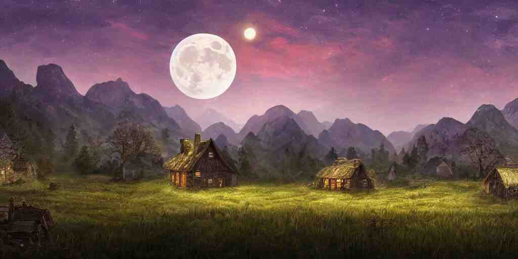 Skeleton infested fields with large mountains in the distance, small cottage in the foreground, nighttime, moon in the night sky, landscape wallpaper, d&d art, fantasy, painted, 4k, high detail, sharp focus