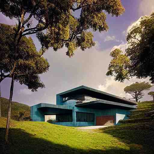 modernist house inspired by a tibetan palace, on a green hill between big trees, colorful clouds, dramatic lighting, artstation, matte painting, raphael lacoste, simon stalenhag, frank lloyd wright, zaha hadid 