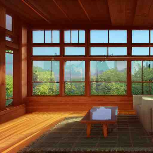Peaceful wooden mansion, unreal engine 5 tech demo, zillow interior, golden hour, living room, cozy, Frank Lloyd Wright ((Studio Ghibli))