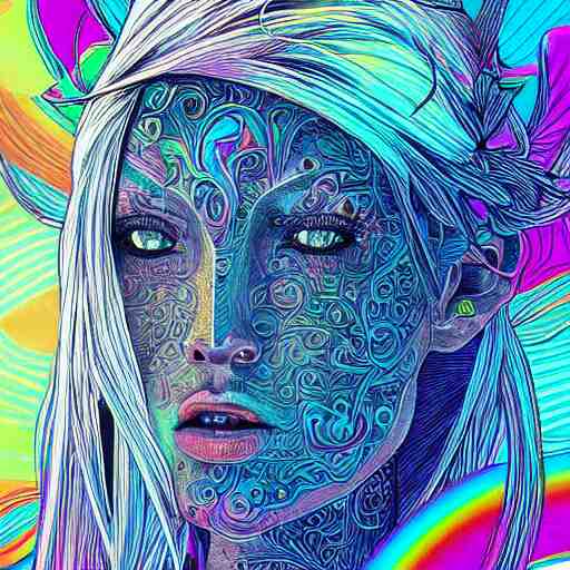 the head of a beautiful rainbow woman, an ultrafine detailed illustration by james jean, final fantasy, intricate linework, bright colors, behance contest winner, vanitas, angular, altermodern, unreal engine 5 highly rendered, global illumination, radiant light, detailed and intricate environment 