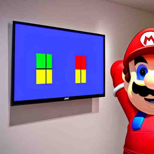 “Mario playing Super Mario on a large flat screen TV, digital art, touching, soft shadows, pop art, unreal engine”